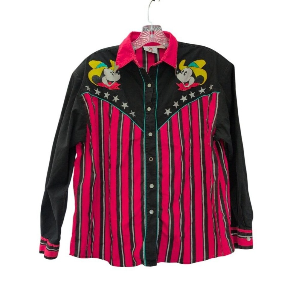 Mickey & Co Vintage Western Snap Shirt Mouse Stars Red Black Disney Rodeo